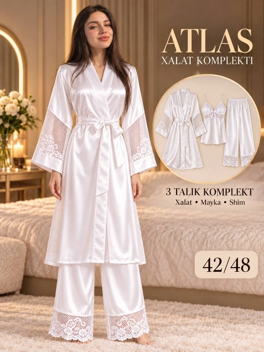 Ayollar atlas xalat va pijama komplekti, mayka, shim, krujevali, 3 talik, 42–48