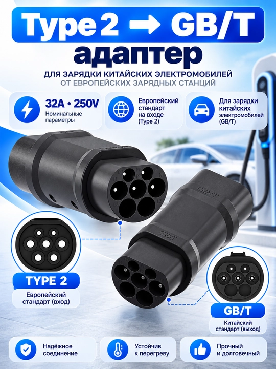 Elektromobilni zaryadlash uchun Type 2 → GB/T adapteri, 32A, 250V - 