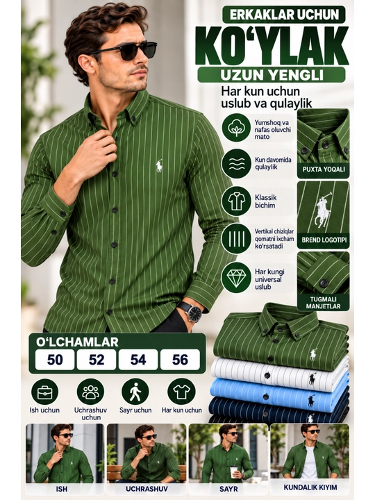 Erkaklar uchun yengi uzun chiziqli ko`ylak, Polo uslubida