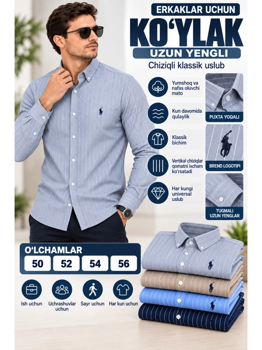Erkaklar uchun yengi uzun chiziqli ko`ylak, Polo uslubida