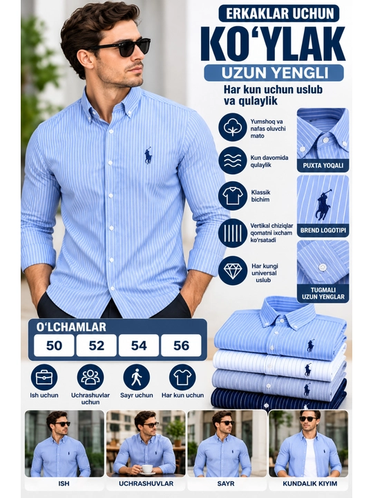 Erkaklar uchun yengi uzun chiziqli ko`ylak, Polo uslubida