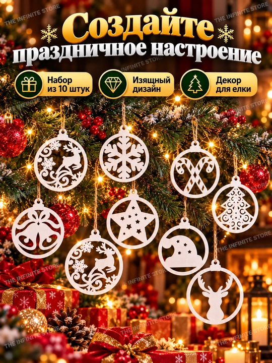 Новогодние украшения для ёлки, 10 шт., белые пластиковые игрушки, снежинки и олени 6×5 см