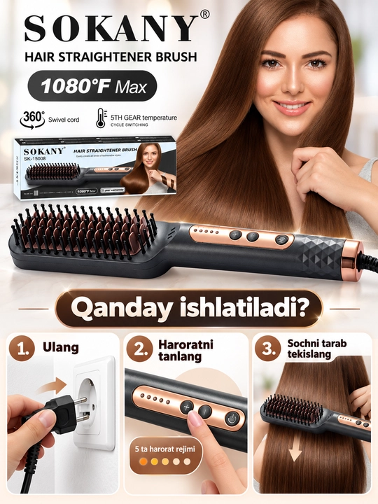 Расческа-выпрямитель Sokany SK-15008, 5 режимов, керамическое покрытие