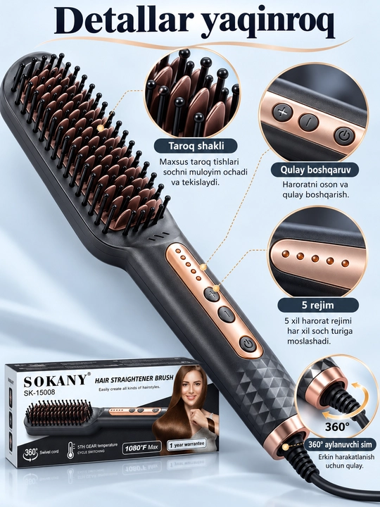 Расческа-выпрямитель Sokany SK-15008, 5 режимов, керамическое покрытие