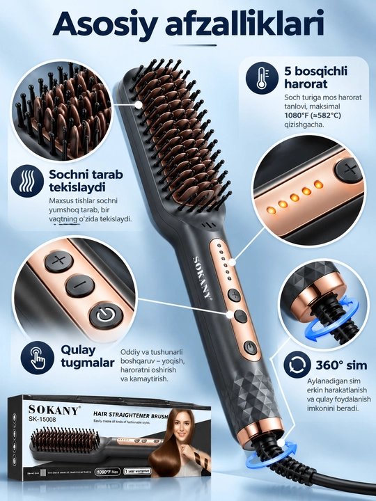 Расческа-выпрямитель Sokany SK-15008, 5 режимов, керамическое покрытие