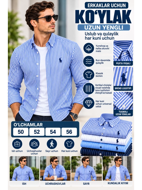 Erkaklar uchun yengi uzun chiziqli ko`ylak, Polo uslubida