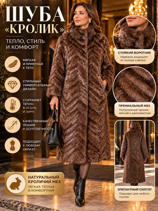 Шуба женская, длинная, тёплая, мягкая, с воротником-стойкой, зимняя, элегантная