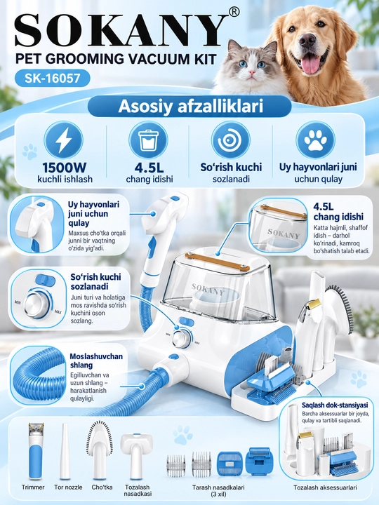 Пылесос для домашних животных SOKANY SK-16057, 1500 Вт, 10 штук в 1, 4,5 л