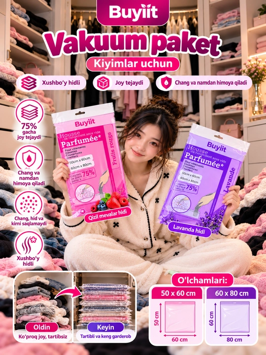 Vakuum paket,kiyim-kechak va buyumlarni saqlash uchun hushboy paketlar - 