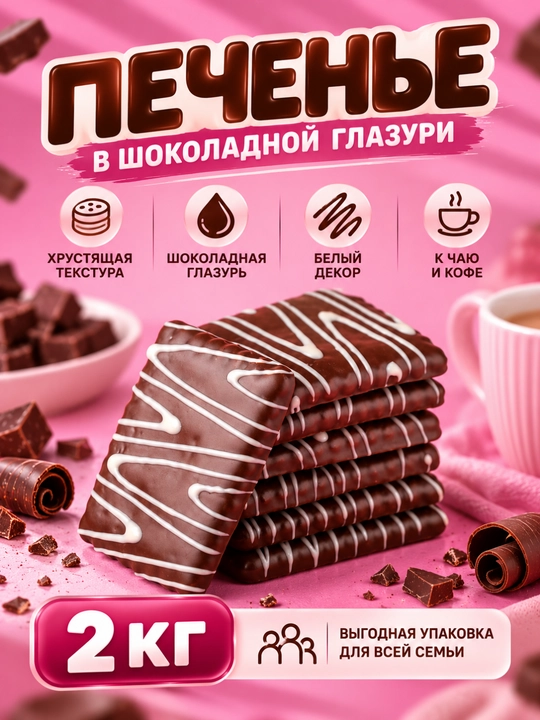 Qandli glazur bilan qoplangan Kvartet pechenesi, 2 kg, 3 ta ta’m: pushti, oq, shokolad - 