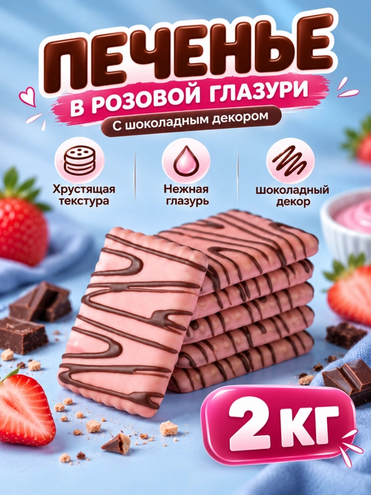 Qandli glazur bilan qoplangan Kvartet pechenesi, 2 kg, 3 ta ta’m: pushti, oq, shokolad