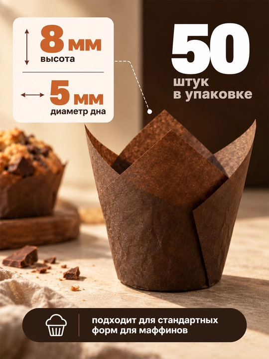 Бумажная одноразовая форма для выпечки, запекания кексов и маффинов, пергамент - 50 штук
