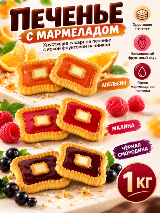 Pechenye nachinka yogli oq va jeleli dekor 3 ta ta’m qora smorodina apelsin, malina, 1 kg - 