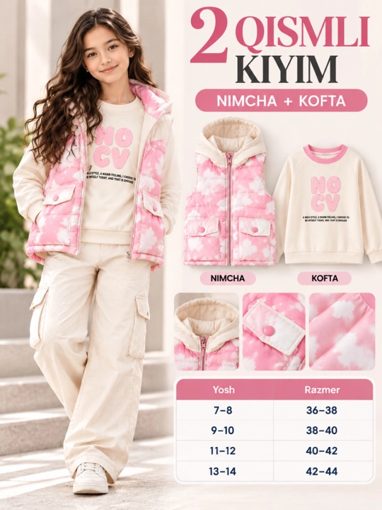Qizlar uchun 2 qismli kiyim: nimcha va kofta, 7–14 yosh, oversize