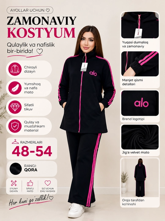 Kuzgi-bahorgi ayollar kostyumi to‘plami, turkcha trikotaj HB, 46-54-o‘lchamlar