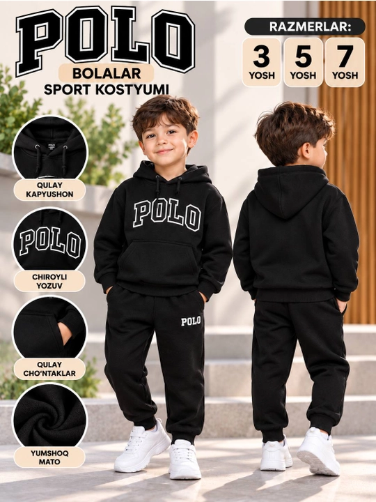 Bolalar uchun qora sport to‘plami, kapyushonli kofta va jogger shim, zamonaviy uslub