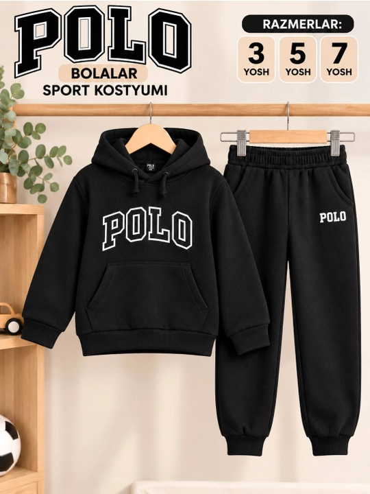 Bolalar uchun qora sport to‘plami, kapyushonli kofta va jogger shim, zamonaviy uslub