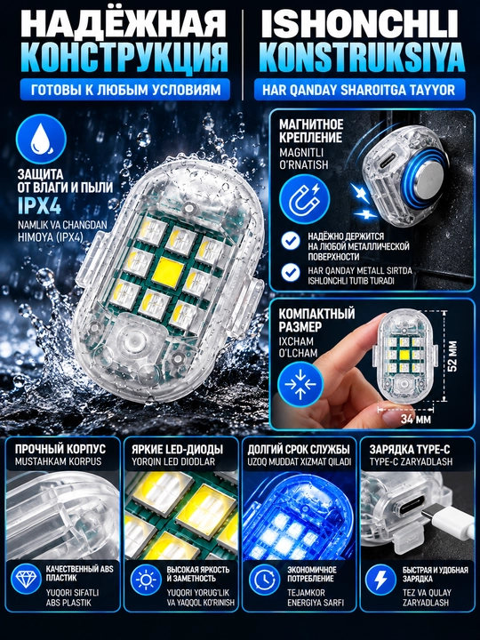 Avtomobil uchun LED stroboskop + ko‘k diodli lenta 2 dona