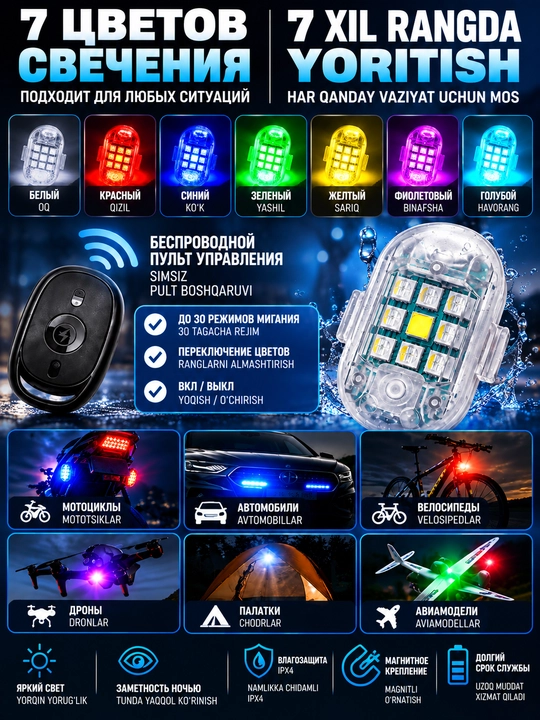 Avtomobil uchun LED stroboskop + ko‘k diodli lenta 2 dona