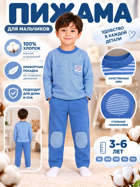 O‘g‘il bola uchun bolalar pijamasi, ko‘k - 