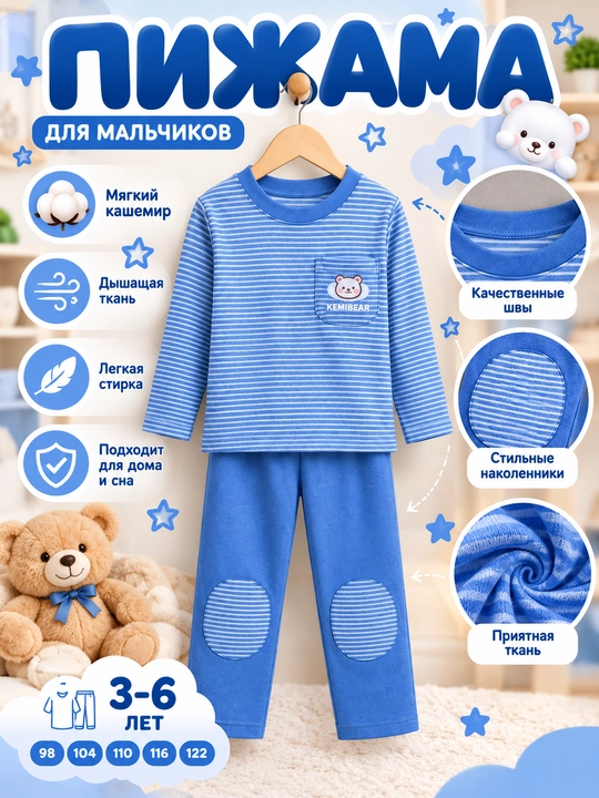 Детская пижама для мальчика, синяя