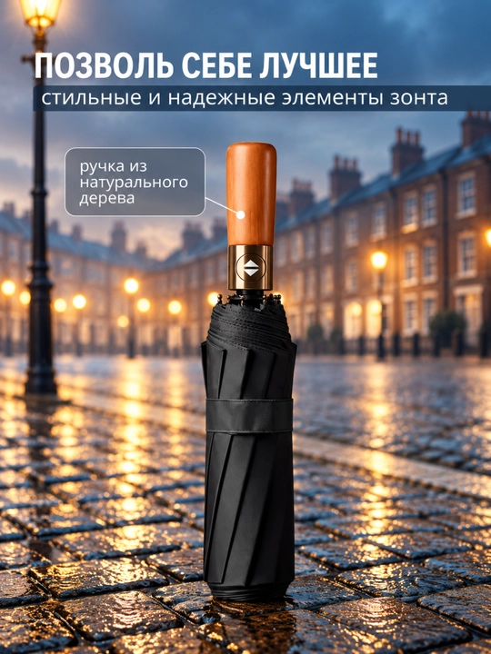 Klassik zontik, 12 spitsali, avtomatik soyabon, shamolga chidamli, yog‘och dastali