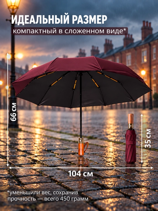 Klassik zontik, 12 spitsali, avtomatik soyabon, shamolga chidamli, yog‘och dastali