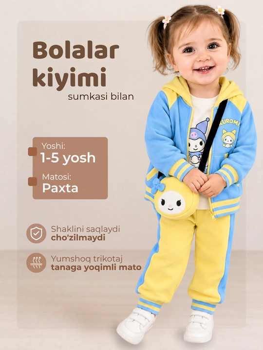 Qizlar uchun uch qisimli kiyim to`plami,paxta-poliester,4-7 yosh - 