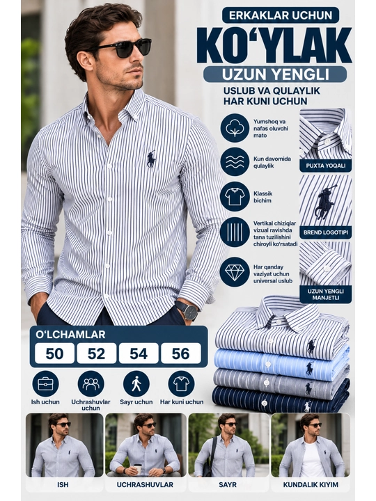 Erkaklar uchun yengi uzun chiziqli ko`ylak, Polo uslubida