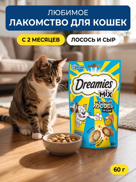 Kattalar mushuklari uchun shirinlok Dreamies MIX, losos va pishloq bilan, 60 gr