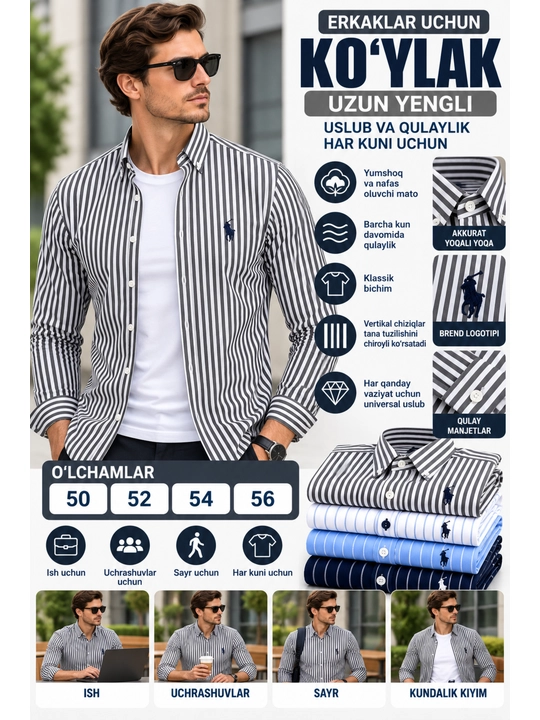 Erkaklar uchun yengi uzun chiziqli ko`ylak, Polo uslubida