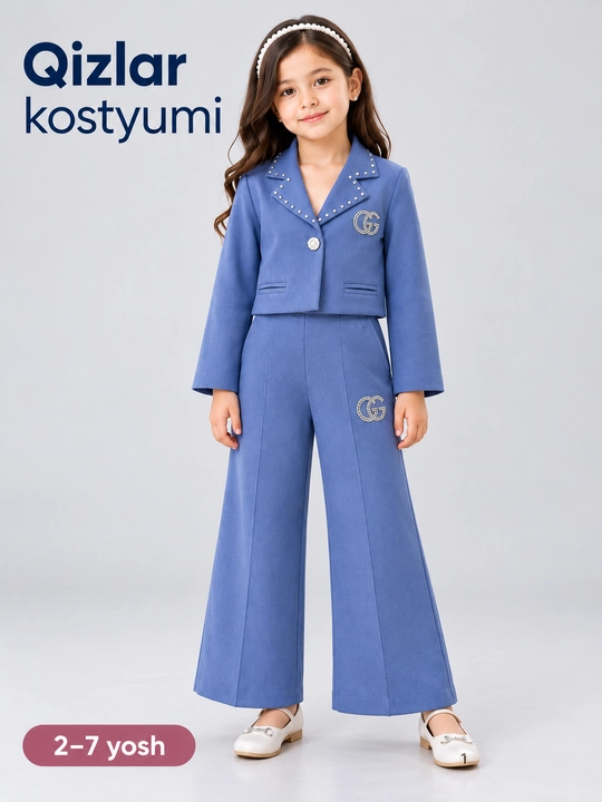 Qizlar uchun bayramona kostyum-shim dvoyka, bejirim, bahor-kuz, 1–7 yosh - 