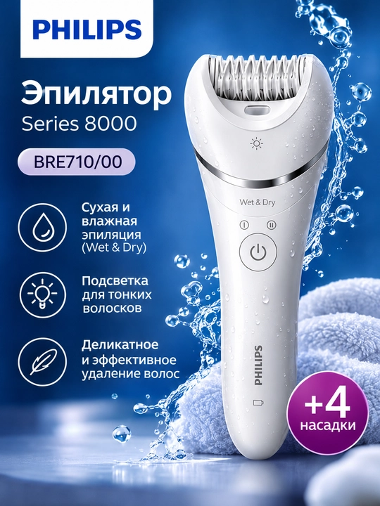 Philips BRE710 epilatori, batareya va tarmoq quvvati, 2 tezlik - 