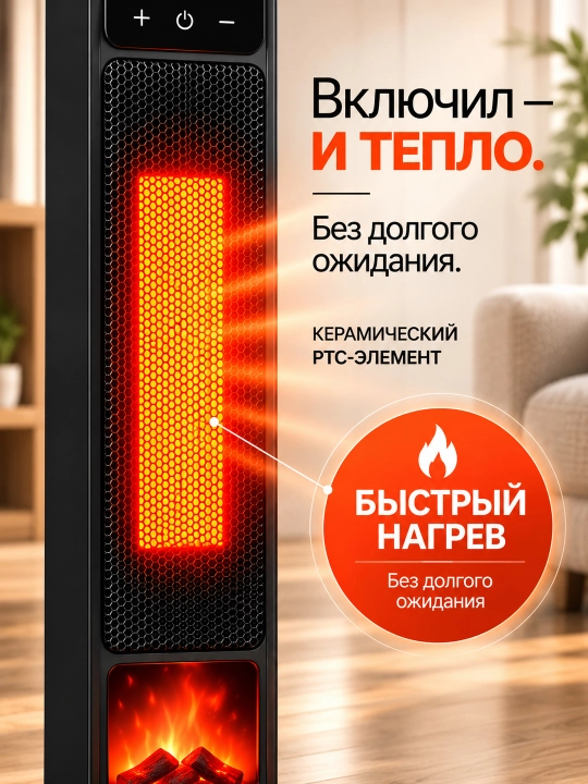 Polga qo‘yiladigan isitgich Warm AIR —  15-45°C, kamin effekti, 2200 Vt, taymer