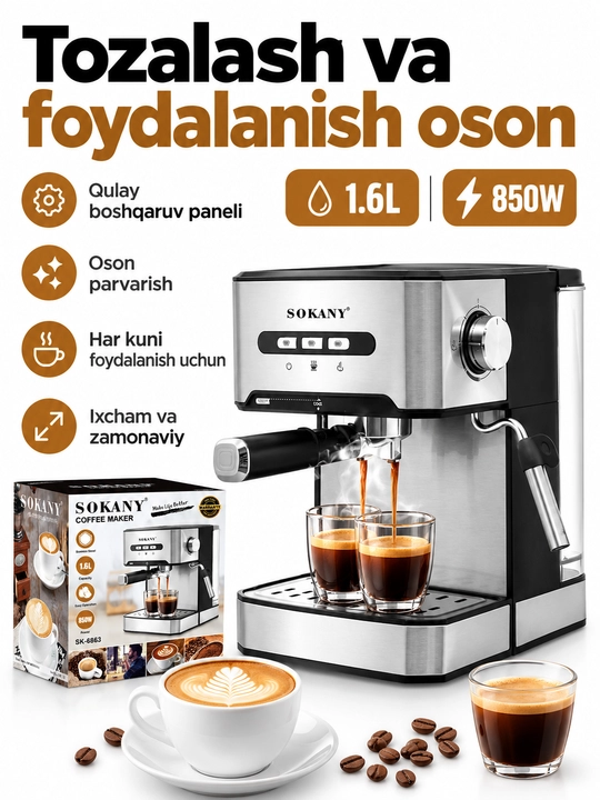Sokany SK-6863 stol usti yarim avtomatik shoxli kofe qaynatgichi, kapuchinatorli espresso uchun