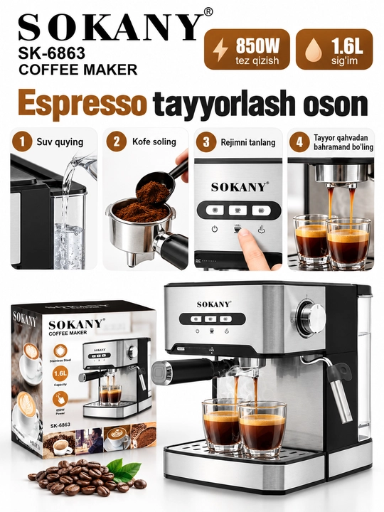 Sokany SK-6863 stol usti yarim avtomatik shoxli kofe qaynatgichi, kapuchinatorli espresso uchun