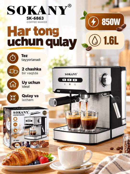 Sokany SK-6863 stol usti yarim avtomatik shoxli kofe qaynatgichi, kapuchinatorli espresso uchun - 