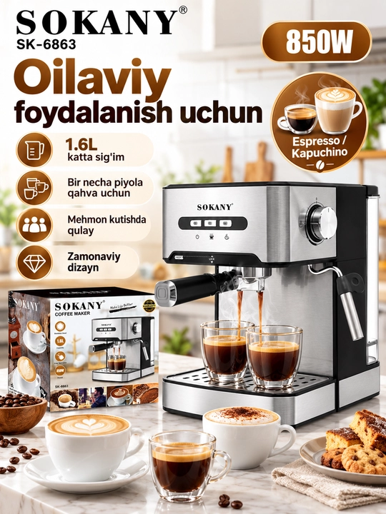 Sokany SK-6863 stol usti yarim avtomatik shoxli kofe qaynatgichi, kapuchinatorli espresso uchun