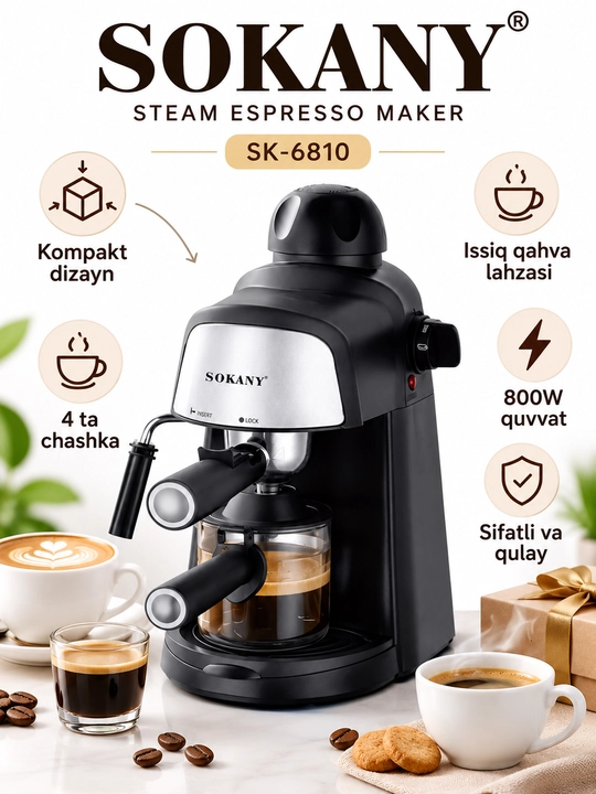 Kofe mashinasi SOKANY SK-6810, 800 Vt4 finjonli, espresso va kapuchino uchun, bug‘li qahva - 