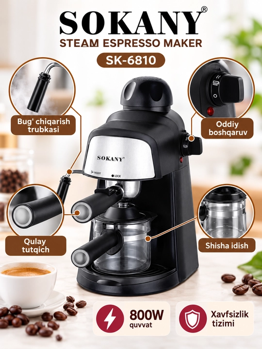 Кофемашина SOKANY SK-6810, чашечка 800 Вт4, для эспрессо и капучино, кофе на пару