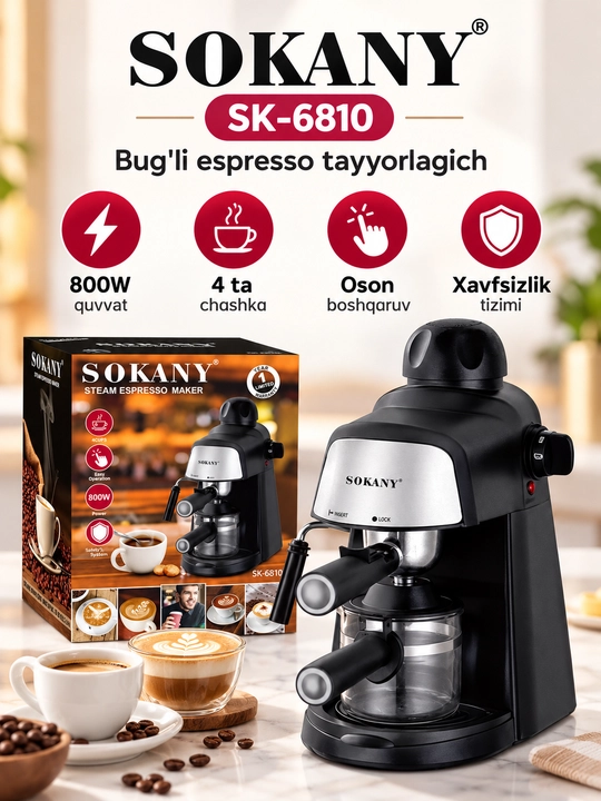 Кофемашина SOKANY SK-6810, чашечка 800 Вт4, для эспрессо и капучино, кофе на пару