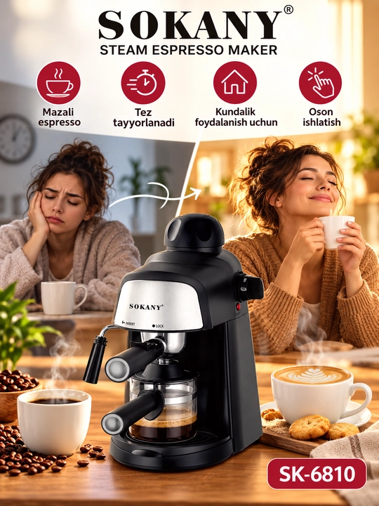 Кофемашина SOKANY SK-6810, чашечка 800 Вт4, для эспрессо и капучино, кофе на пару