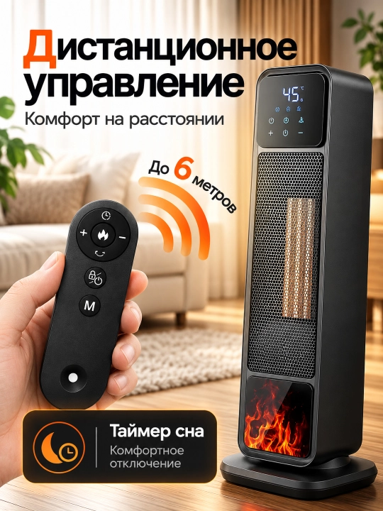 Polga qo‘yiladigan isitgich Warm AIR —  15-45°C, kamin effekti, 2200 Vt, taymer
