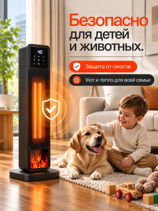 Polga qo‘yiladigan isitgich Warm AIR —  15-45°C, kamin effekti, 2200 Vt, taymer