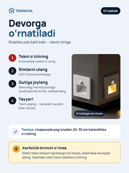Светильник для лестницы с датчиком движения Teknova, встраиваемый LED, 86×86 мм, 4 цвета