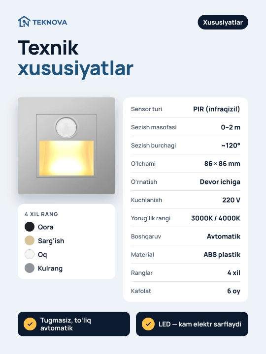 Светильник для лестницы с датчиком движения Teknova, встраиваемый LED, 86×86 мм, 4 цвета