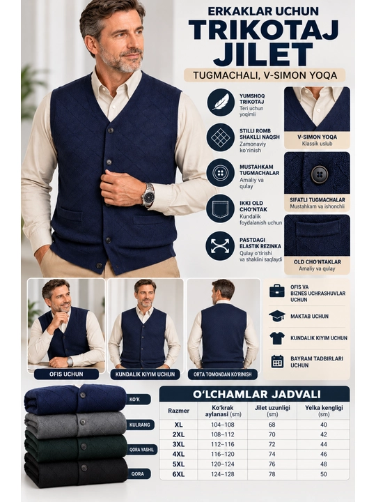 Erkaklar trikotaj nimchasi, tugmali yengsiz, bahor-kuz, XL-5XL