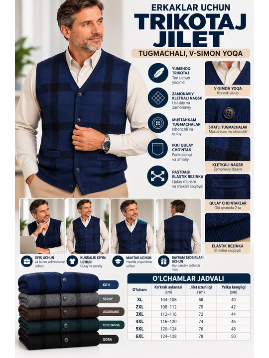 Erkaklar trikotaj nimchasi, tugmali yengsiz, bahor-kuz, XL-5XL