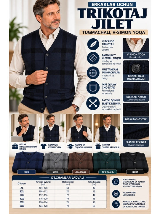 Erkaklar trikotaj nimchasi, tugmali yengsiz, bahor-kuz, XL-5XL