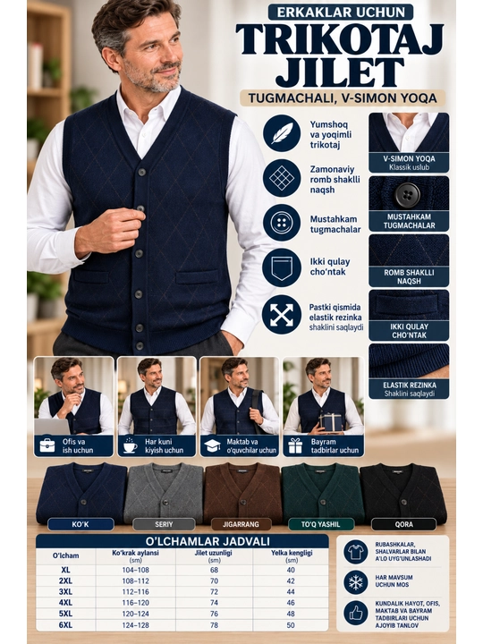 Erkaklar trikotaj nimchasi, tugmali yengsiz, bahor-kuz, XL-5XL